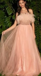 Strapless feather formal evening ball gown blush pink